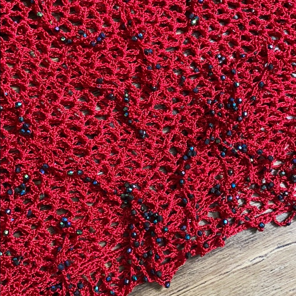 Red see through Woven knit Shaw poncho shrug sweater - Picture 4 of 7